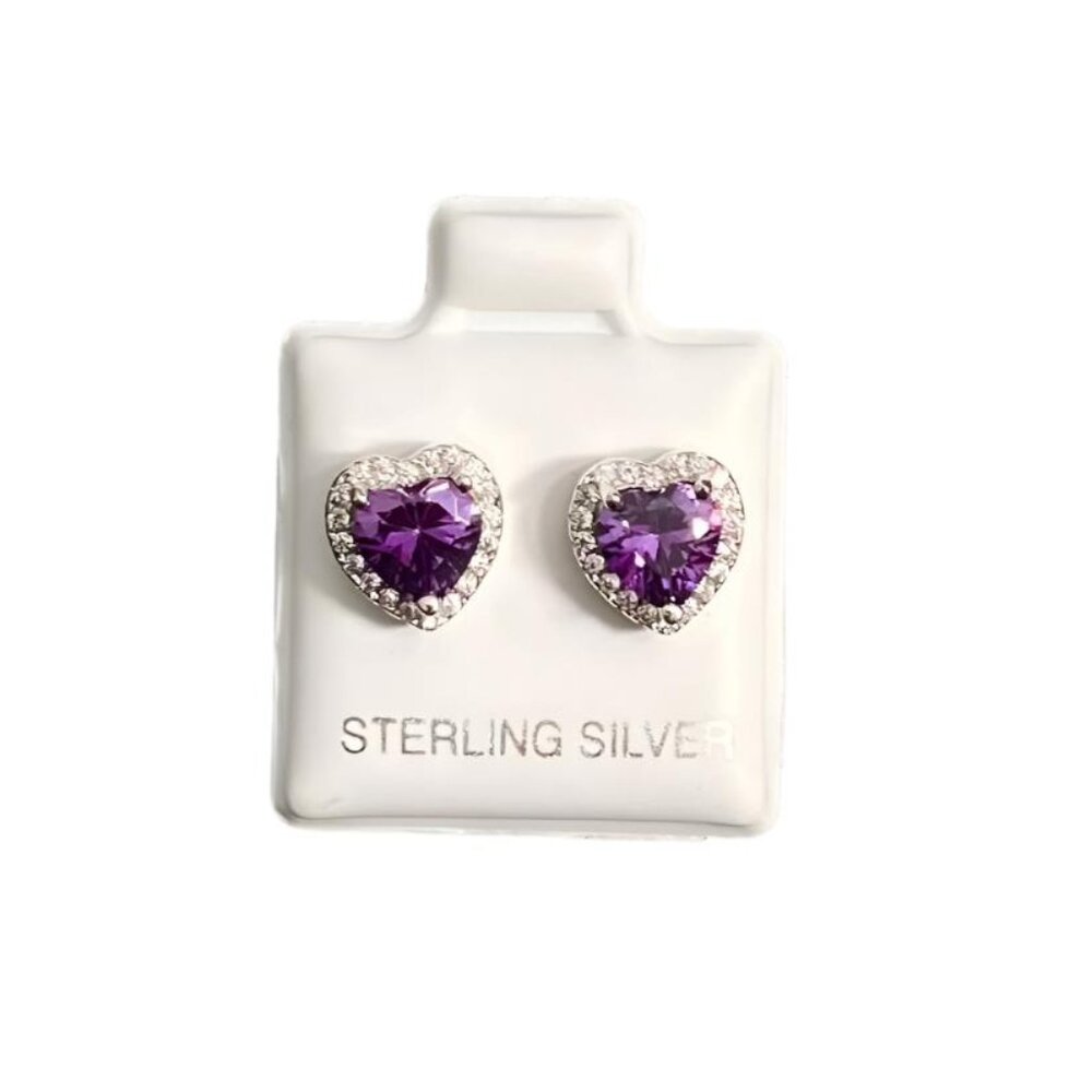 925 Sterling Silver Shining Soul Purple Heart Shape CZ Stone Studded Earrings